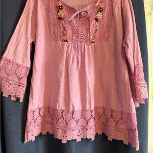 Boho Pink Lace Peasant Tunic Top – Floral Embroidery – Size 2XL Brand: Unknown/